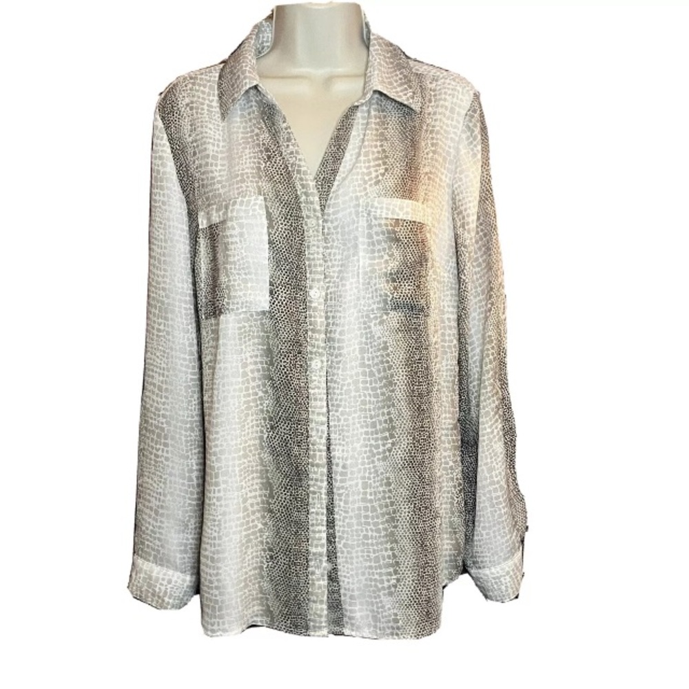 NY COLLECTION Women's Snakeskin Print Button Down Convertible Sleeve Blouse Med